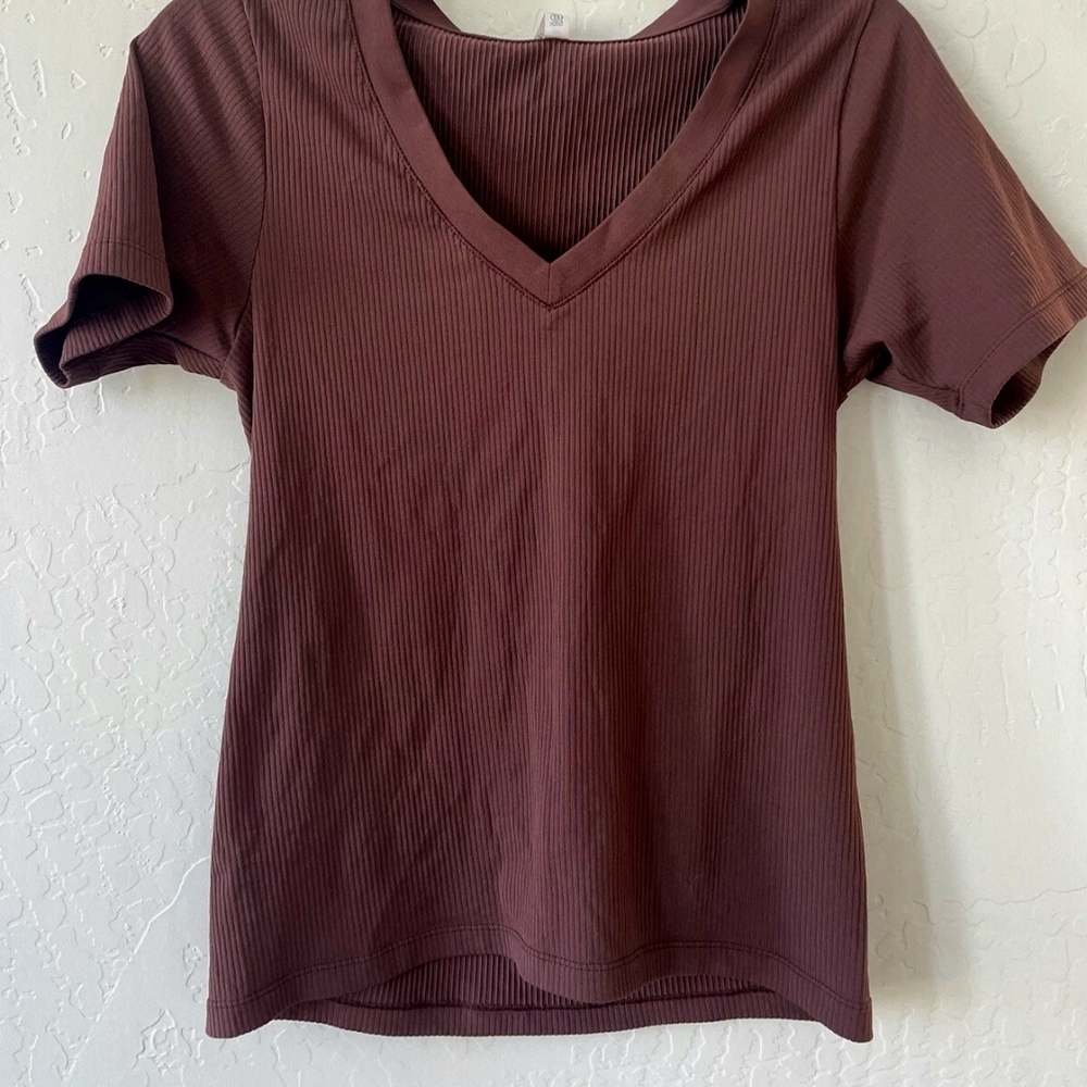 Athleta V-Neck Ribbed Tee - Dark Brown